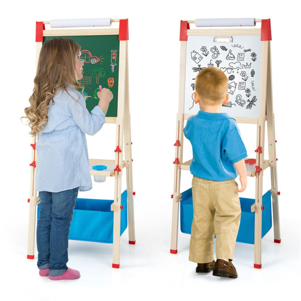 3-in-1 Wooden Kid's Easel Natural+Blue, Magnetic Chalkboard/Whiteboard 60 Accessories