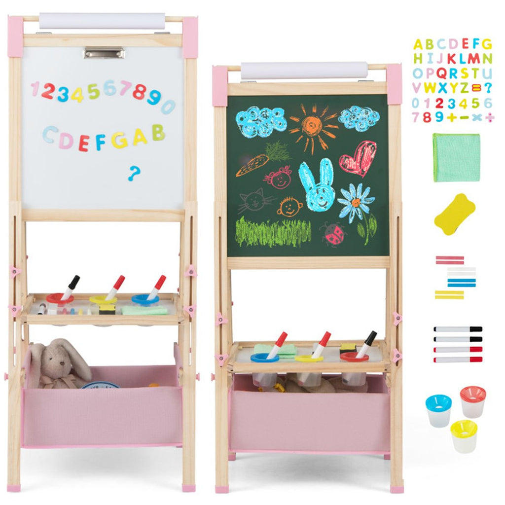 3-in-1 Wooden Kid's Easel Natural+Pink, Magnetic Chalkboard/Whiteboard 60 Accessories