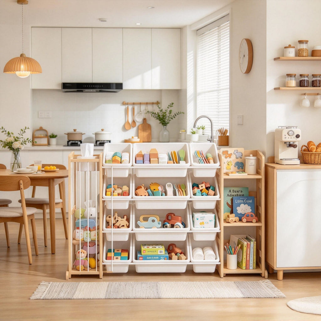 3-in-1 Wooden Toy Organizer with Stuffed Animal Storage, Bookshelf & 12 Bins, Multi-Function Storage for Playroom Nursery