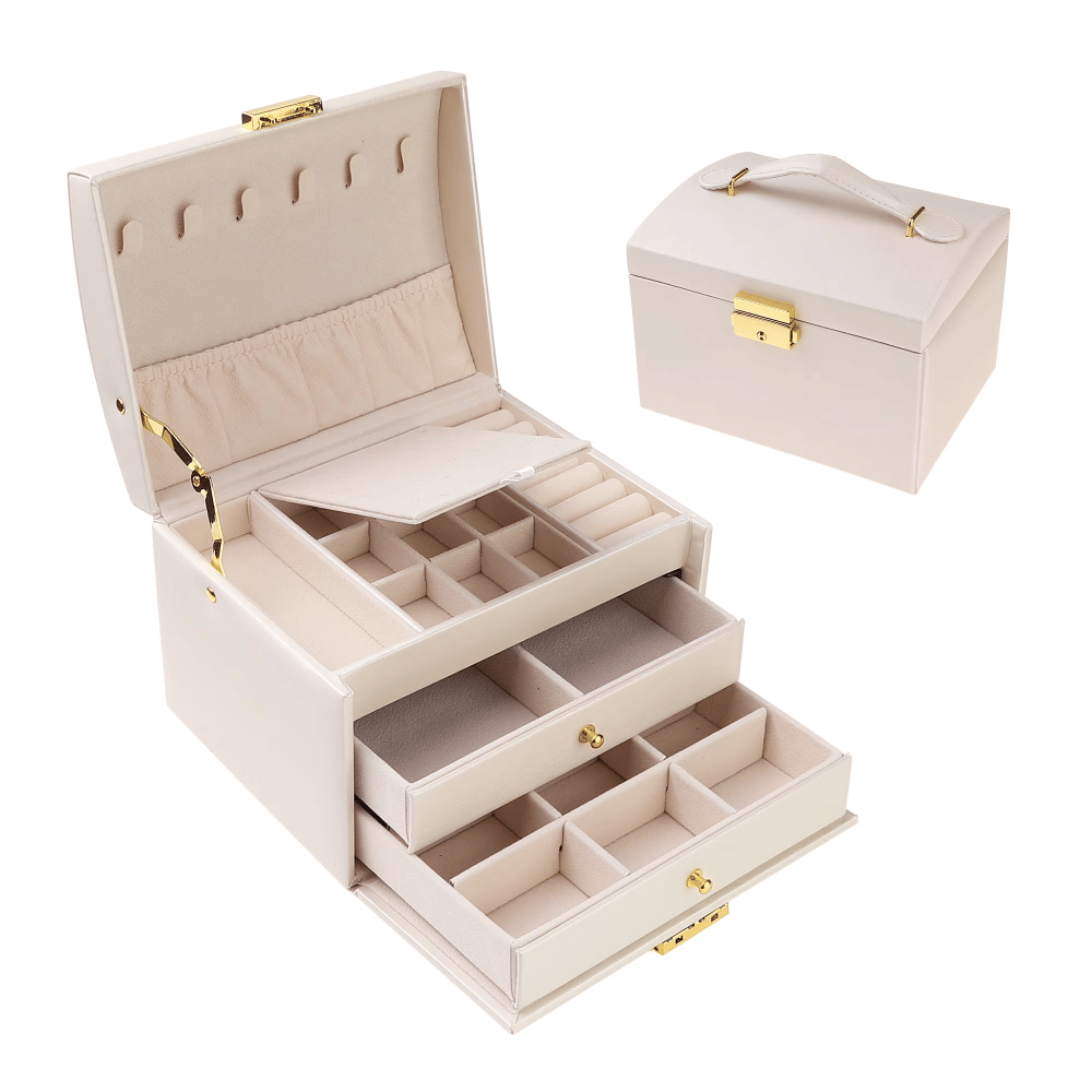 3 Layer Jewelry Box PU Leather Jewelry Organizer Case with Drawer White