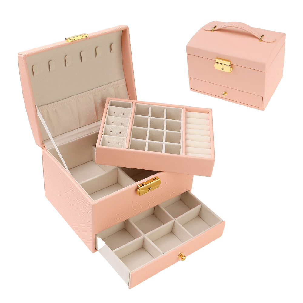 3 Layer Jewelry Box PU Leather Jewelry Organizer CaseStorageHolder Pink