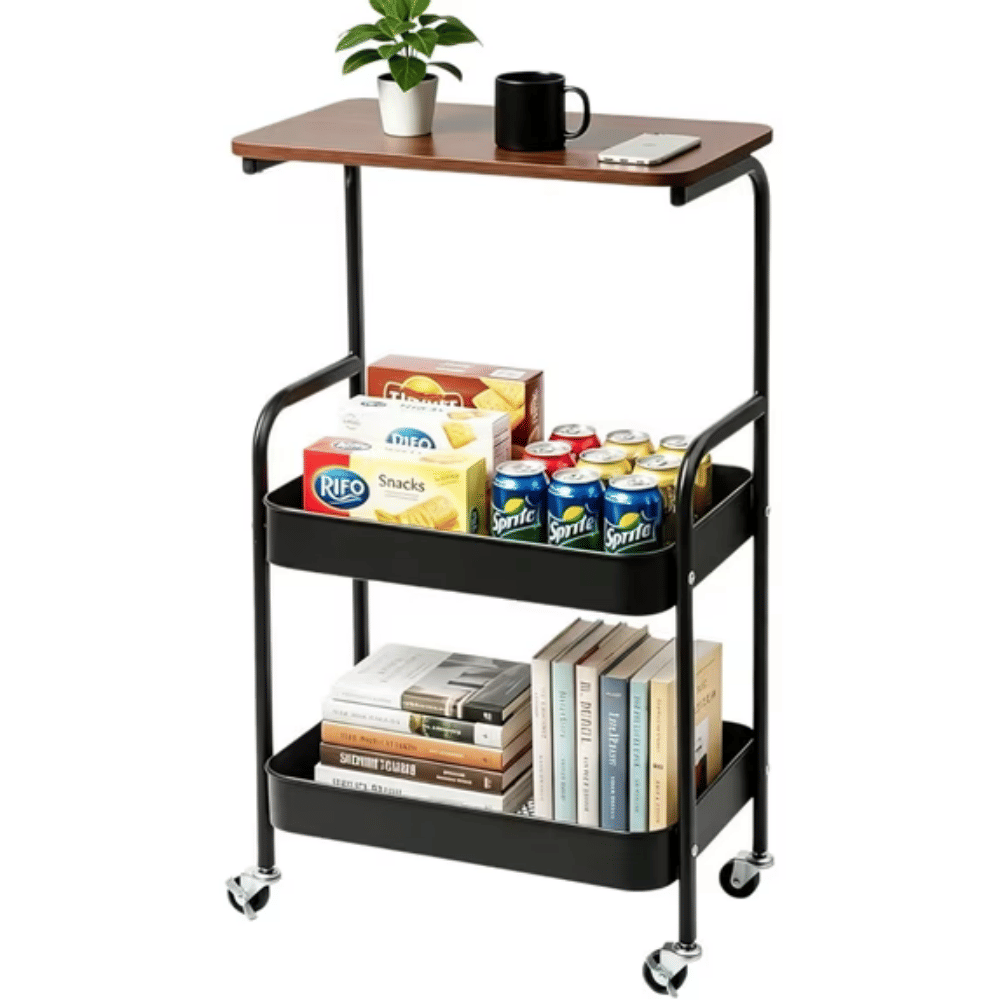 3-Layer Metal Rolling Cart with Lockable Wheel, Kitchen Storage Rack with Wooden Desktop