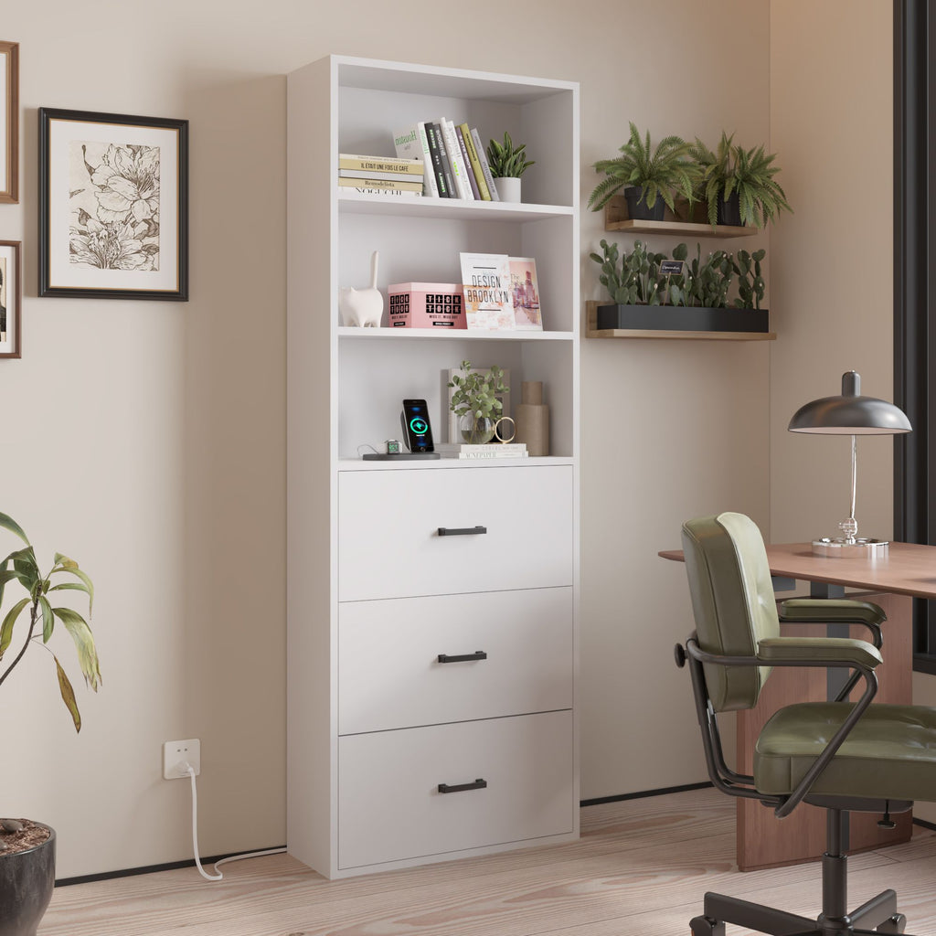 3-layer with 2 USB 2 plugs US standard 3 drawers Triamine board 60*23.5*180cm display cabinet white