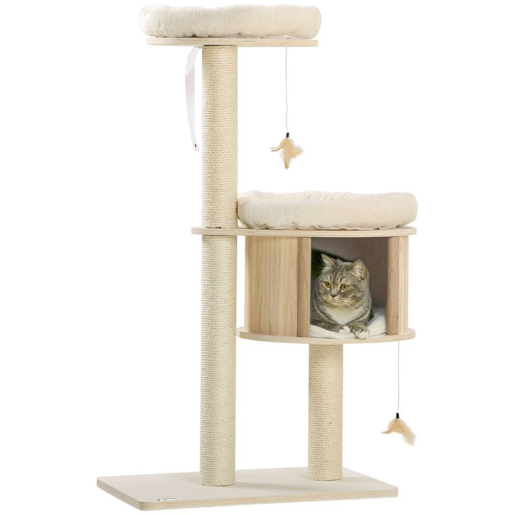 3-Level Morden Cat Tree with Scratching Posts, Cat Tower Fun Cat Badminton Toy for Playing, Soft Cushions, & Play Areas
