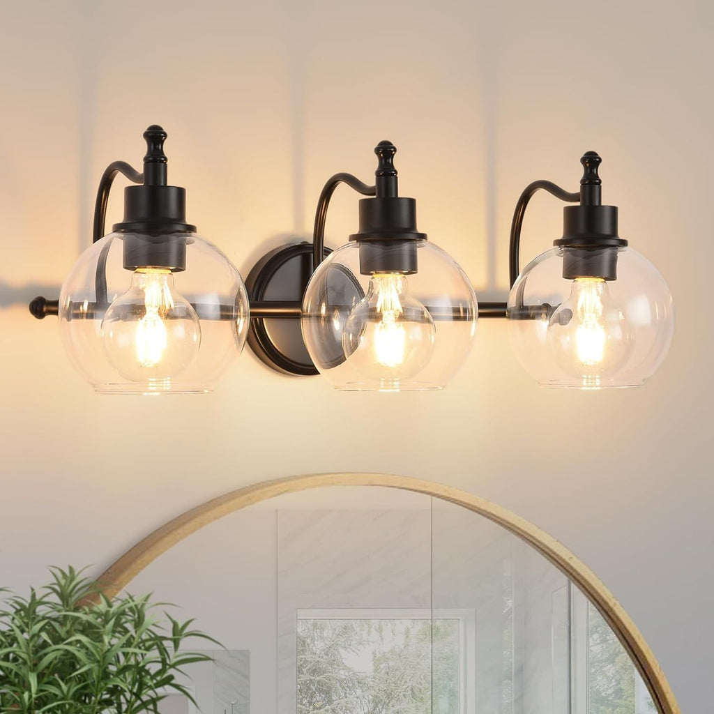 3-Lights Bathroom Vanity Lighting Fixtures 22Inch with Clear Glass Shade No Bulb, Black(E26 Base)[Unable ship on weekends, TK/TEMU only for pickup]