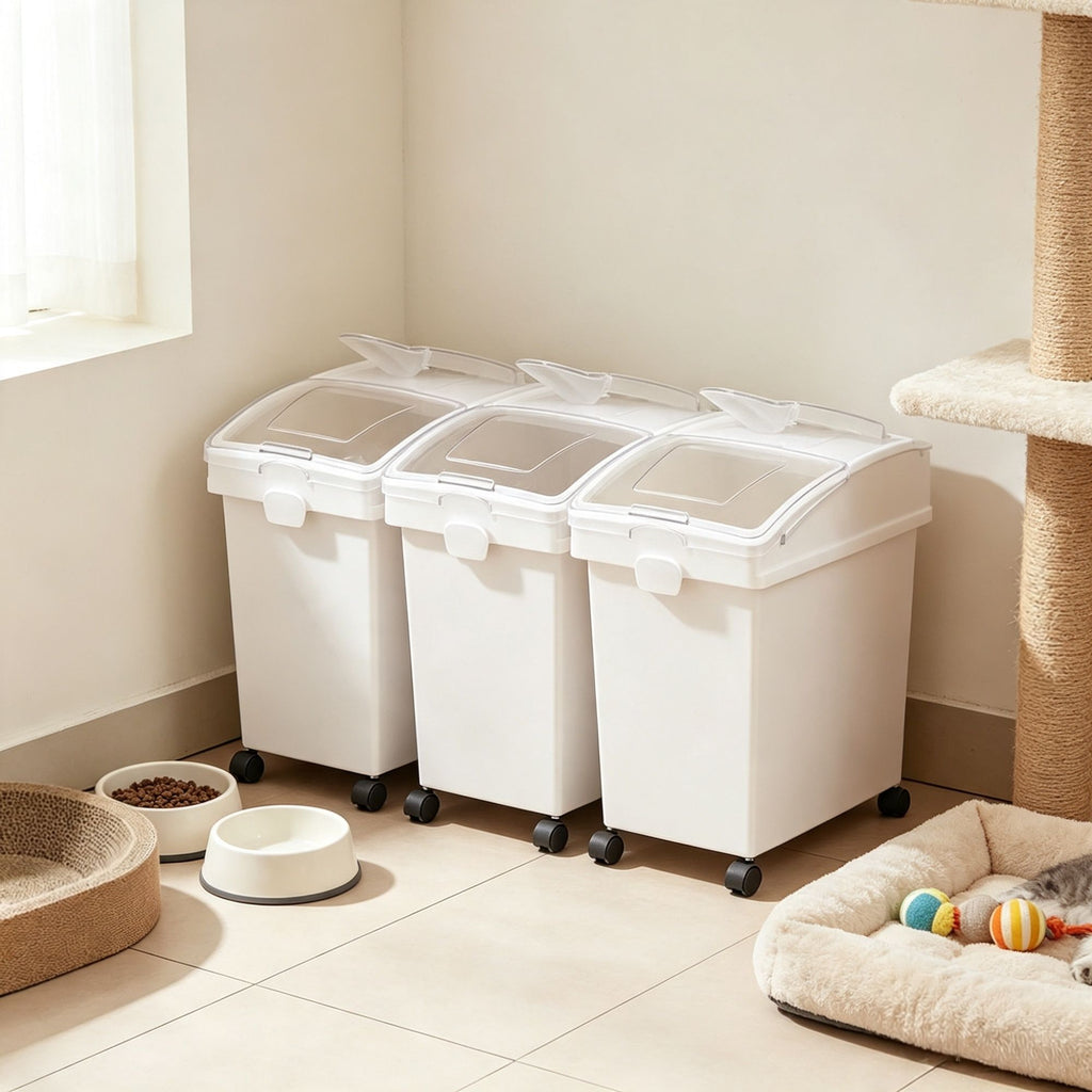 3-Pack 25L Large Rice Storage Container, Airtight Dog Food Dispenser Bin with Wheels & 3 Scoops, Kitchen Grain Cereal Flour Organizer