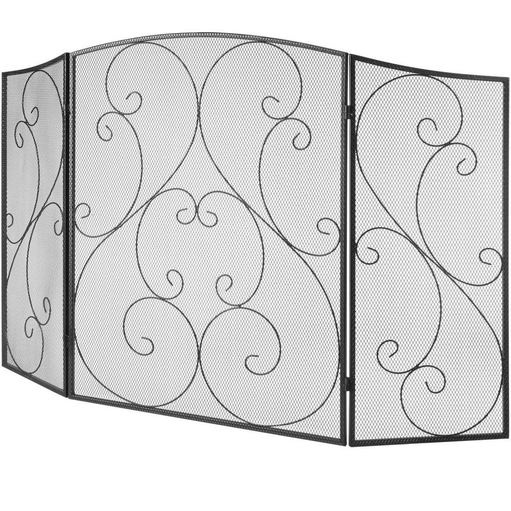 3-Panel Fireplace Screen, Robust Iron Mesh Spark Guard, 48"(L) x30.2"(H), Pre-assembled, Independent Fireplace Barrier Grate, IdealforLiving RoomHomeDecoration, Classic Black