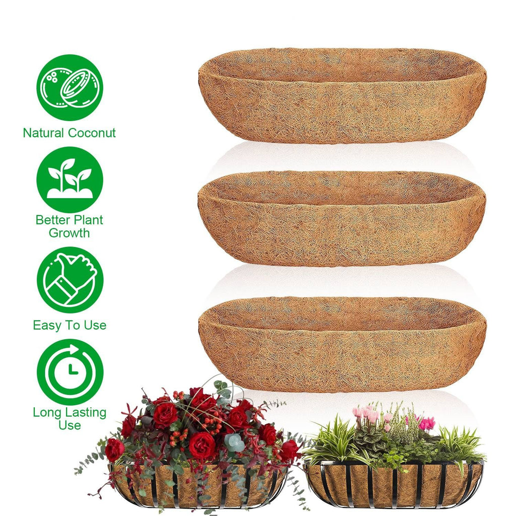3 PCS Coconut Fiber Window Box Liners, 30Inch Trough Coco Liners for Wire Window Baskets, Woven Coir Planter Insert for Balcony, Garden, Indoor & Outdoor Planting