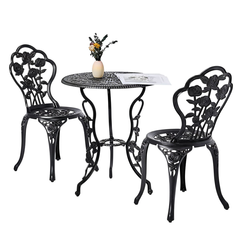 3 PCS Outdoor Bistro Set, All-Weather Cast Aluminum Rose Bistro Table and Chairs Set of 2, Patio Bistro Set for Backyard, Garden, Balcony(Black)