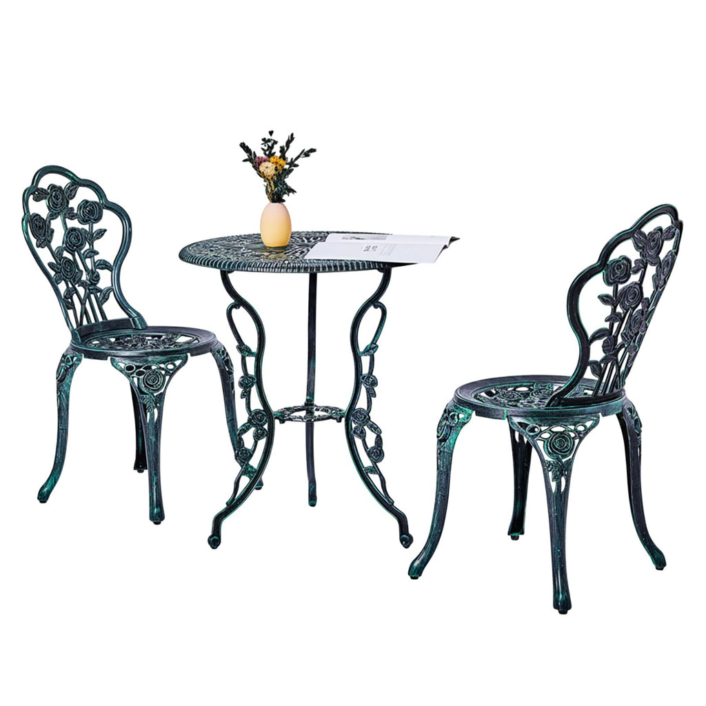3 PCS Outdoor Bistro Set, All-Weather Cast Aluminum Rose Bistro Table and Chairs Set of 2, Patio Bistro Set for Backyard, Garden, Balcony(Green)