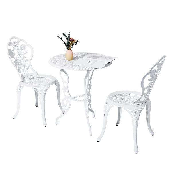 3 PCS Outdoor Bistro Set, All-Weather Cast Aluminum Rose Bistro Table and Chairs Set of 2, Patio Bistro Set for Backyard, Garden, Balcony(White)