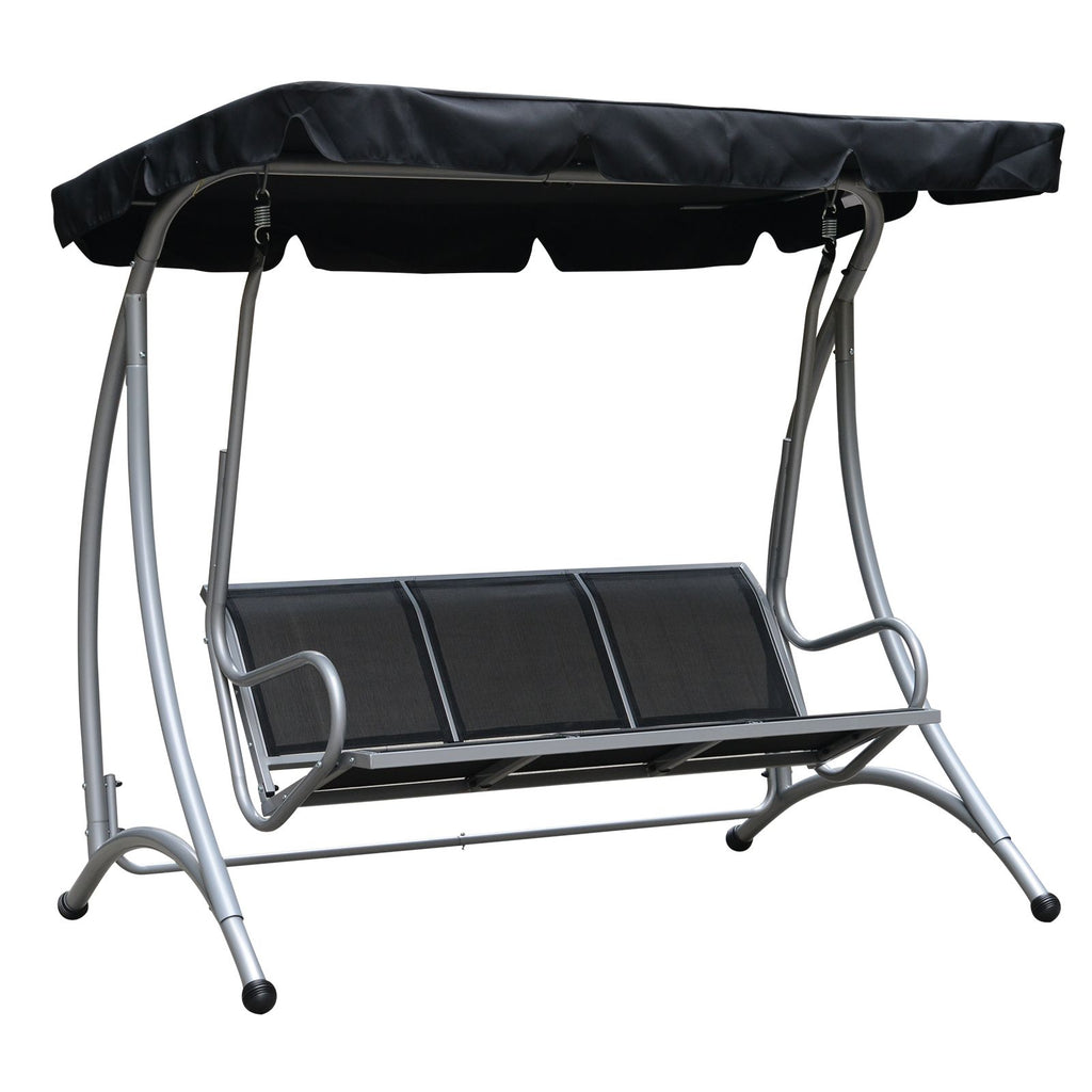 3 Person Outdoor Swing Chair Bench Black Patio Swing with Stand and Adjustable Canopy for Garden Poolside