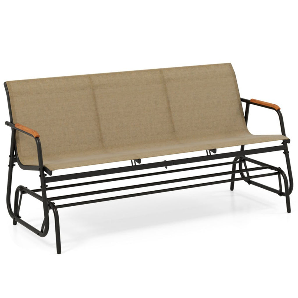 3-person terrace gliding chair with curved teak wood armrests, suitable for porch use