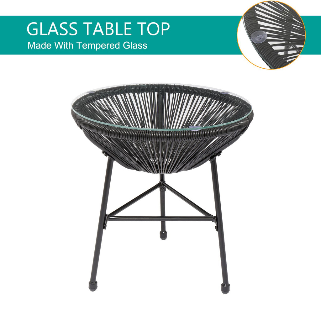 3-Piece All-Weather Patio Acapulco Bistro Furniture Set with 2 Chairs & Glass Top Table Black-dk