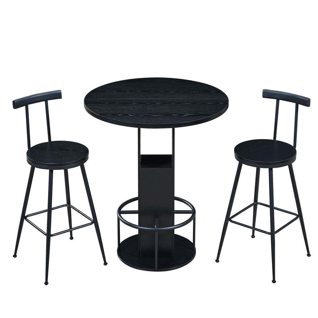 3-Piece Bar Table and Stool Set 31.5-inch round bar table with two stools Compact wooden dining bar with metal ring footrest Ideal for restaurants, cafes, bars, living rooms, and small spaces,Black