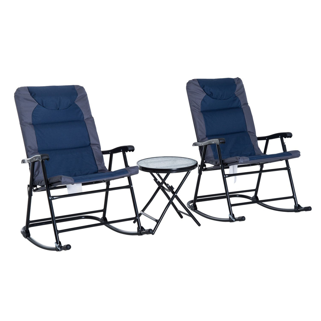 3-Piece Blue Rocking Bistro Set: Patio Chairs & Glass Coffee Table