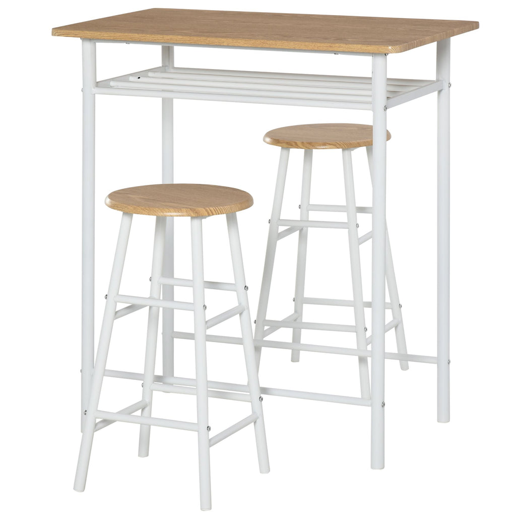 3-Piece Counter-Height Dining Set with White Oak Bar Table & 2 Metal Stools | Footrest Kitchen Furniture