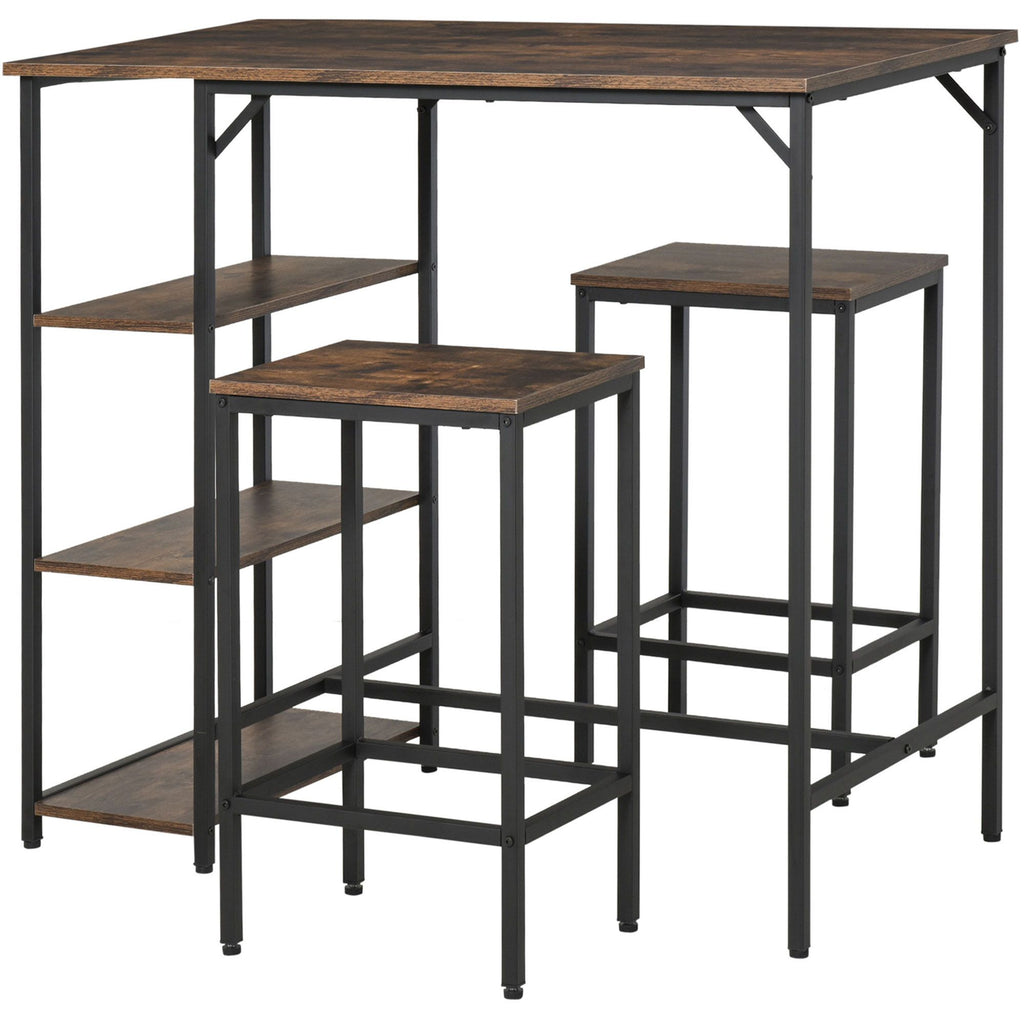 3-Piece Dining Set Rustic Brown Black Bar Table Stools with Storage Shelf Kitchen Bar Dining
