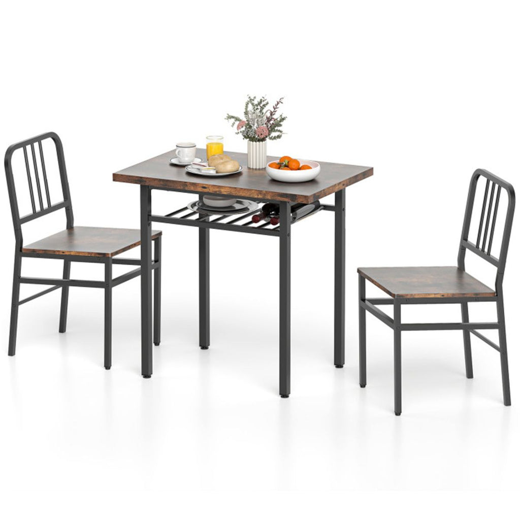 3-Piece Dining Table Set (Rustic Brown + Black), Space-Saving Tuck-under Chair Design
