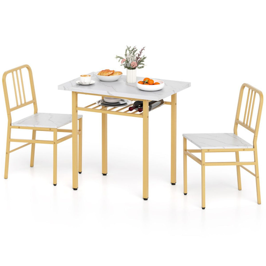 3-Piece Dining Table Set (White + Gold), Space-Saving Tuck-under Chair Design