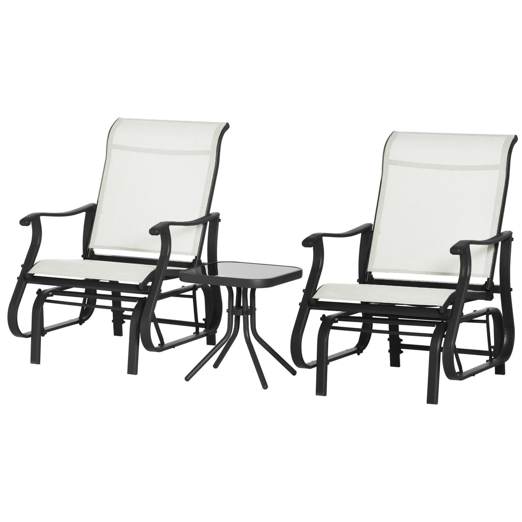3-Piece Gliding Chair & Tea Table Set, Outdoor 2 Rocker Seats with Steel Frame, Tempered Glass Tabletop, Garden Patio Furniture, Cream White