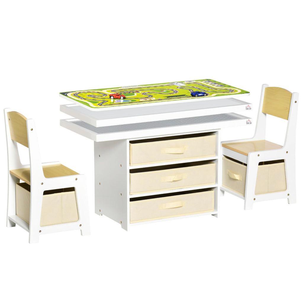 3-Piece Kids Table & Chair Set, Writing Desk with 2-in-1 Desktop Brick Table & Road Map, Storage Drawers for Toddler Activities