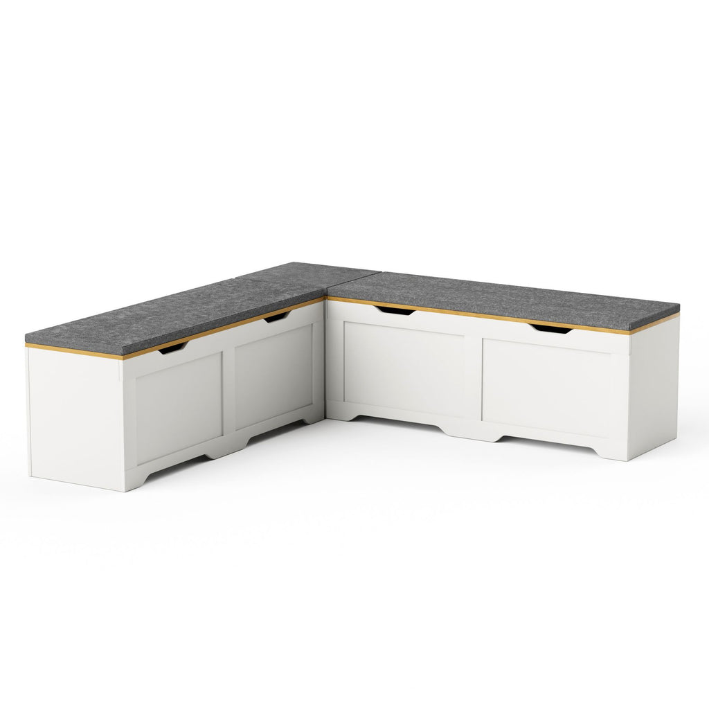 3-Piece L-Shaped Multi-Functional Storage Bench with Cushion, serving as a kitchen corner bench, toy storage box, or reading nook seat., White and Natural, 63"D x 63"W x 19.1"H
