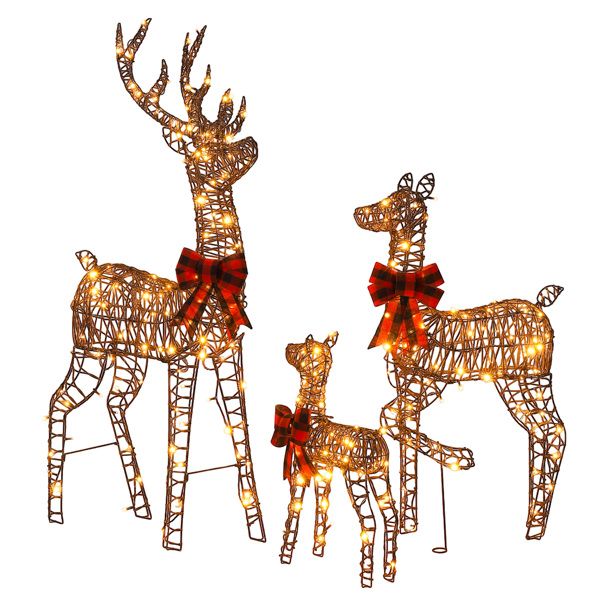 3-Piece Lighted Christmas Reindeer Family Set Outdoor Decorations, Weather Proof Rattan Deer Family Set of 3 Christmas Ornament Home Decor Pre-lit 290 LED Warm White Lights, 5FT, Brown