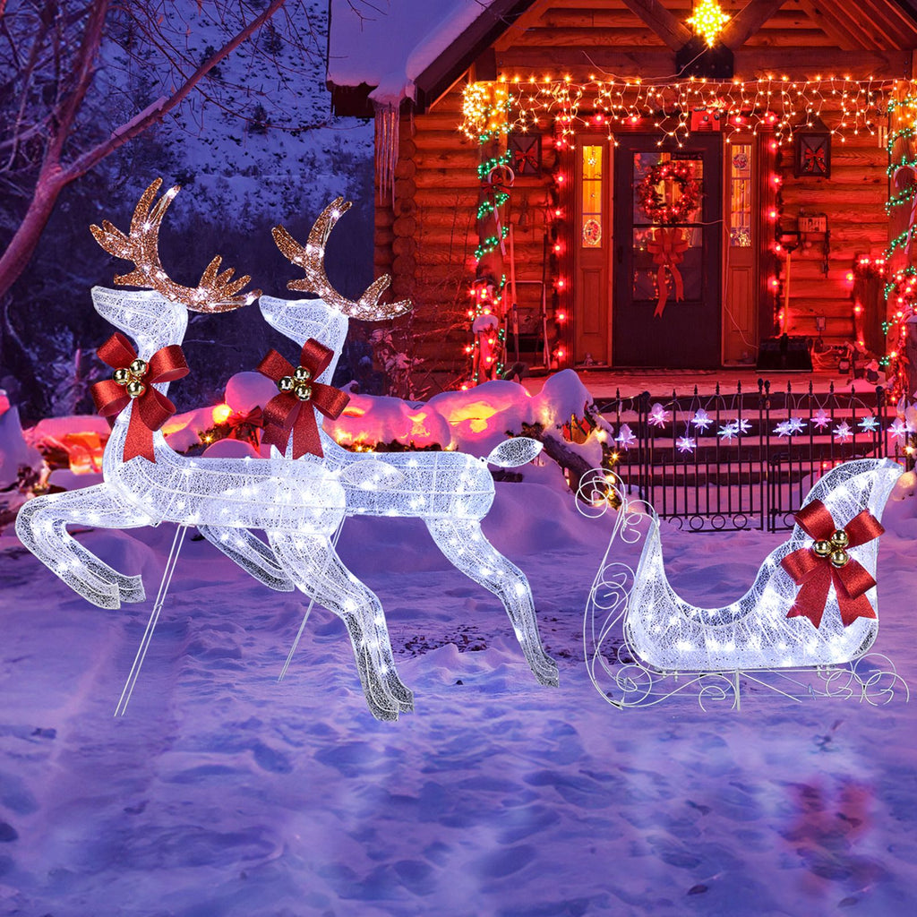 3-Piece Lighted Set of 2 Reindeer & Sleigh, Weather Proof Christmas Outdoor Decorations with Pre-lit 270 LED White Lights and Stakes for Xmas Outdoor Holiday Indoor Decor Lighted Holiday Displays, Whi