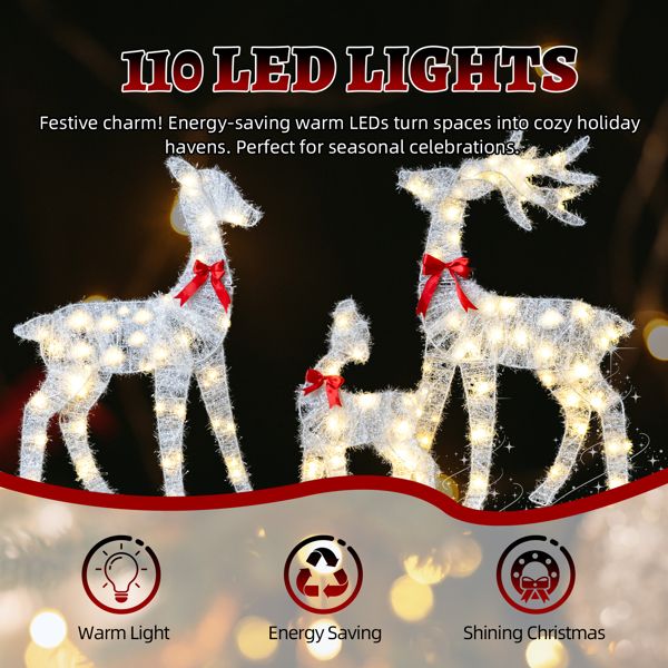 3-Piece Lighted Tinsel Christmas Reindeer Family Set Outdoor Decorations, Weather Proof Deer Family Set of 3 Christmas Ornament Home Decor Pre-lit 110 LED Warm White Lights, 2.4FT, White