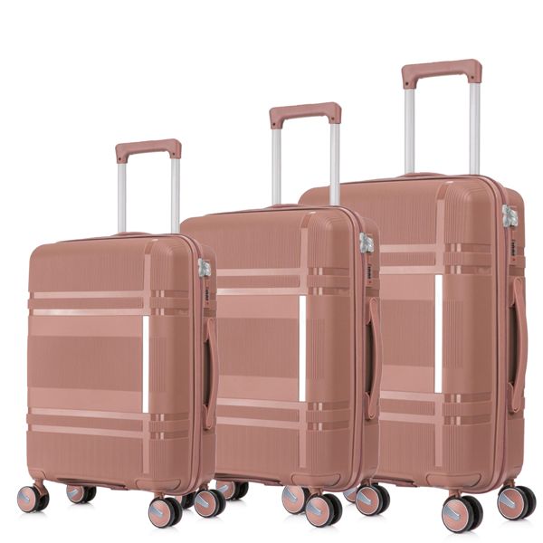 3 Piece Luggage Sets PP Lightweight Suitcase with Two Hooks, Spinner Wheels, (20/24/28) 2307 pink