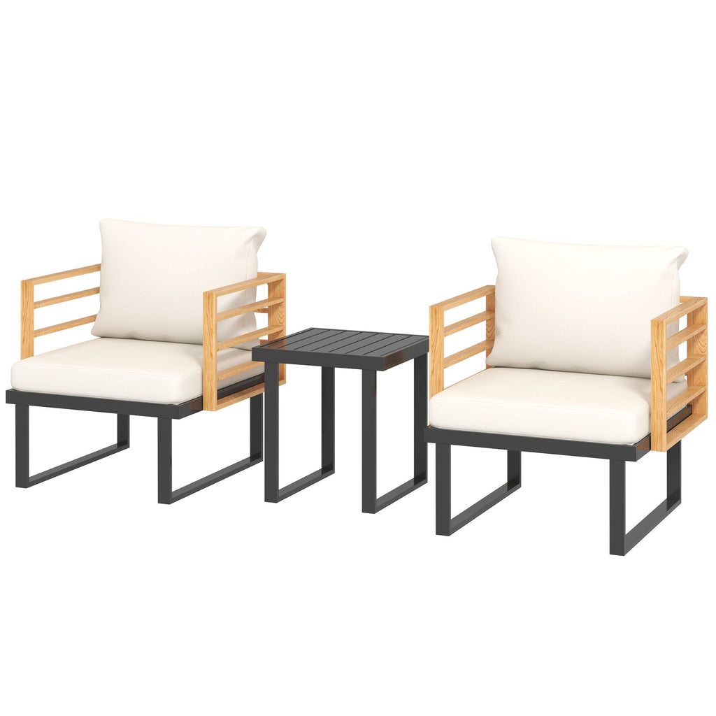 3 Piece Metal Bistro Set, Small Patio Furniture Set with Cushions, Armchairs, Slatted Table for Backyard Balcony, Beige