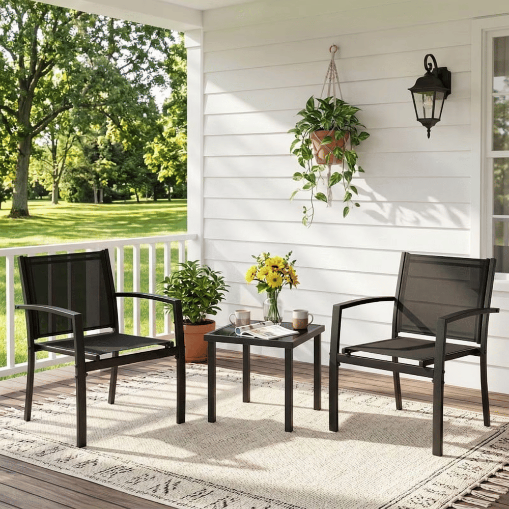 3-Piece Outdoor Bistro Set, Breathable Textilene Chairs & Glass CoffeeTableforPatio Balcony,Space-Saving Patio Essentials