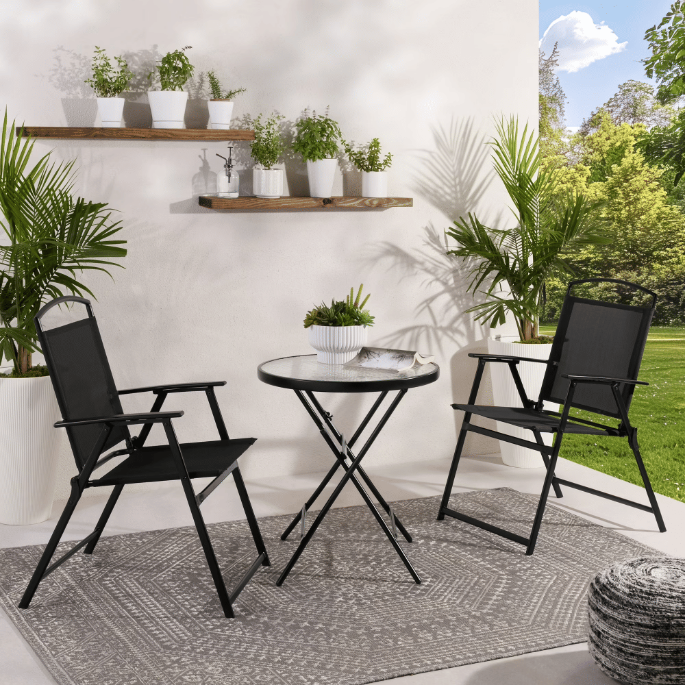 3-Piece Outdoor Bistro Set, Folding Chairs & GlassTable, Black