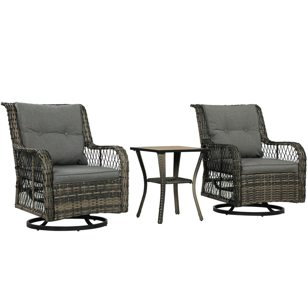 3 Piece Outdoor Bistro Set, Wicker Small Patio Furniture Set with Swivel Glider Chairs for Balcony, Porch, Gray