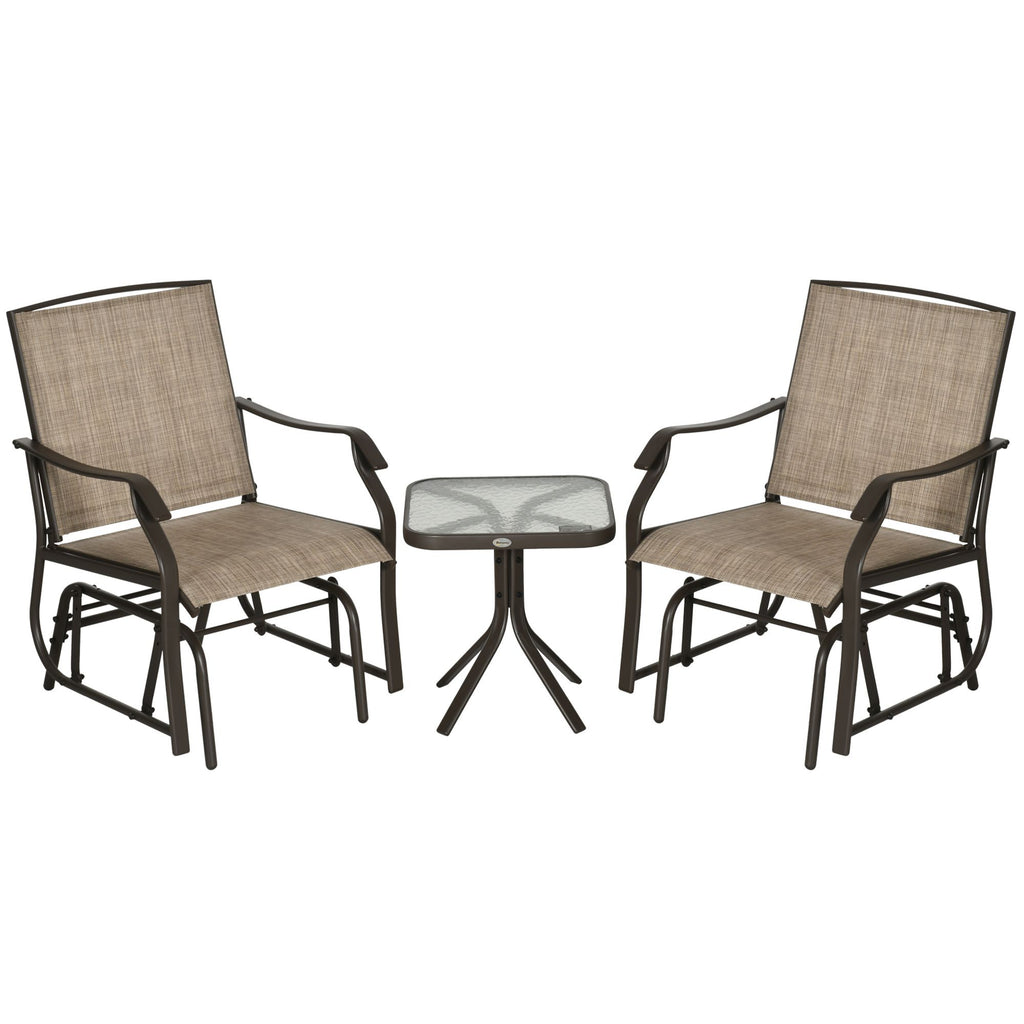 3 Piece Outdoor Glider Chair with Coffee Table Bistro Set, 2 Patio Rocking Swing Chairs with Breathable Sling Fabric, Glass Tabletop