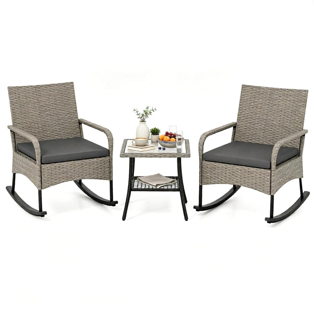 3 Piece Outdoor PE Rattan Rocking Bistro Set, 2 Rocking Chairs with Washable Gray Cushions & 2-Tier Tempered Glass Side Table Anti-Tip Stoppers Patio Porch Pool Furniture Mixed Gray Wicker