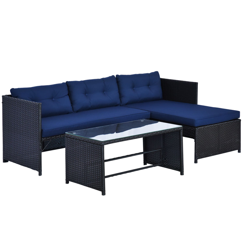 3 Piece Patio Furniture Set, Rattan Outdoor Sofa Set with Chaise Lounge & Loveseat, Soft Cushions, Tempered Glass Table, L-Shaped Sectional Couch, Blue