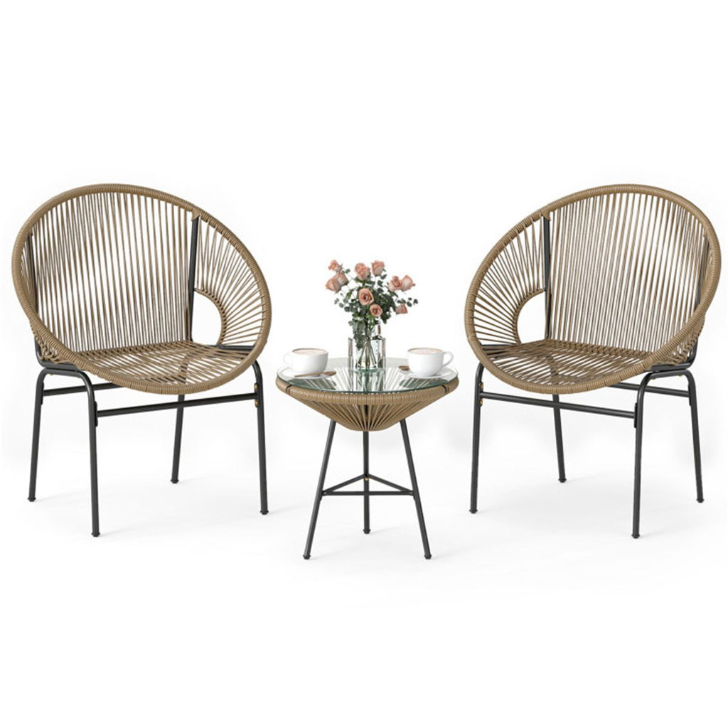 3-Piece Patio Set, 2 Acapulco Chairs + Tempered Glass Table, PE Rope Powder-Coated Steel Frame