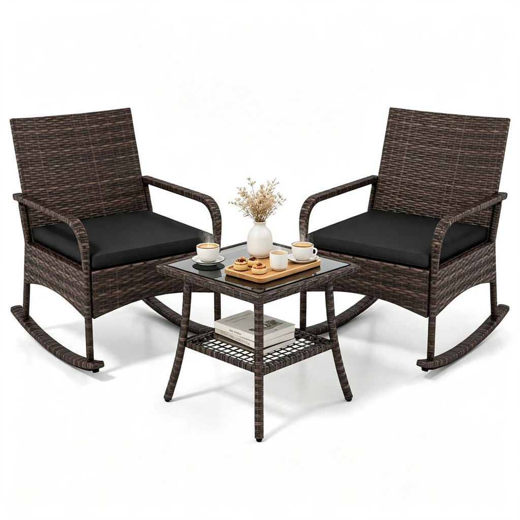 3-Piece PE Wicker Patio Rocking Chair Set, Ergonomic Rocking Bistro Set with 2-Tier Side Table & Removable Cushions, Anti-Tip Stable Outdoor Furniture for Balcony Backyard - Black