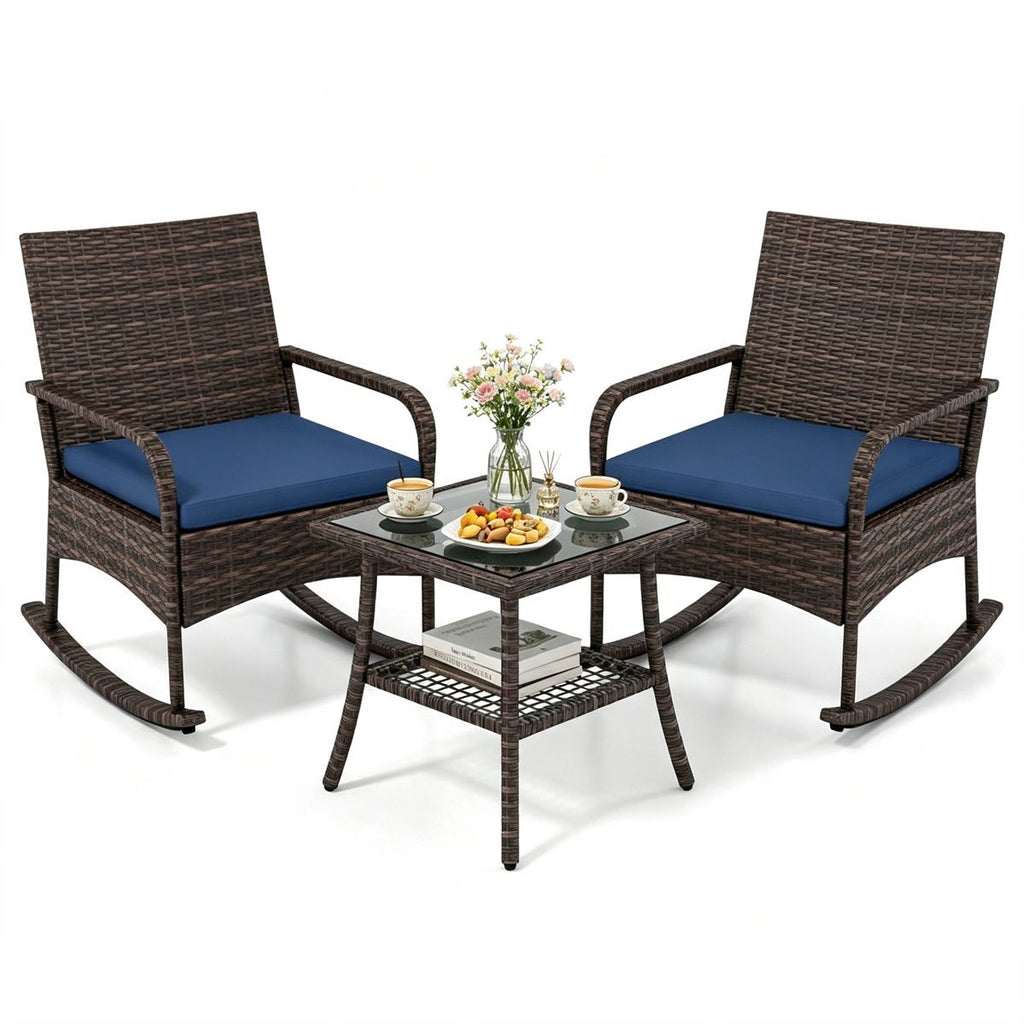 3-Piece PE Wicker Patio Rocking Chair Set, Ergonomic Rocking Bistro Set with 2-Tier Side Table & Removable Cushions, Anti-Tip Stable Outdoor Furniture for Balcony Backyard - Navy Blue