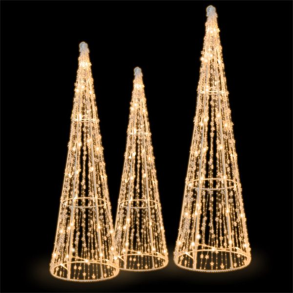 3-Piece Pre-Lit Christmas Cone Trees - 90 Warm White LEDs+Star Beaded Strings, Waterproof, 32"/28"/24.5" Sizes (White)