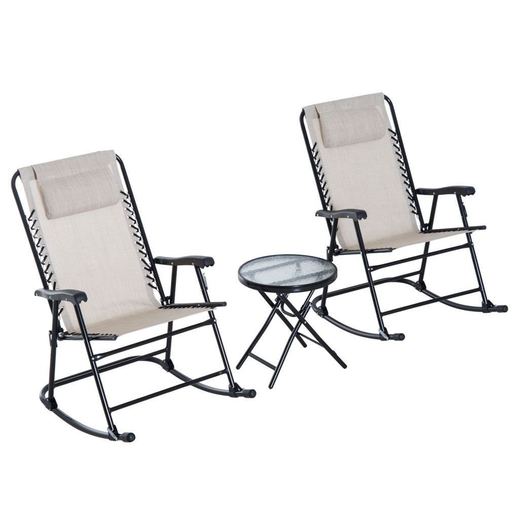 3 Piece Rocking Bistro Set Outdoor Cream White Folding Chairs Glass Coffee Table for Yard Patio Deck