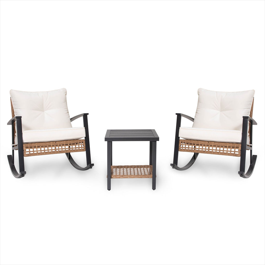 3 Piece Rocking Wicker Patio Conversation Set with Coffee Table with Sturdy Steel Frame Weather-Resistant, Foldable Design