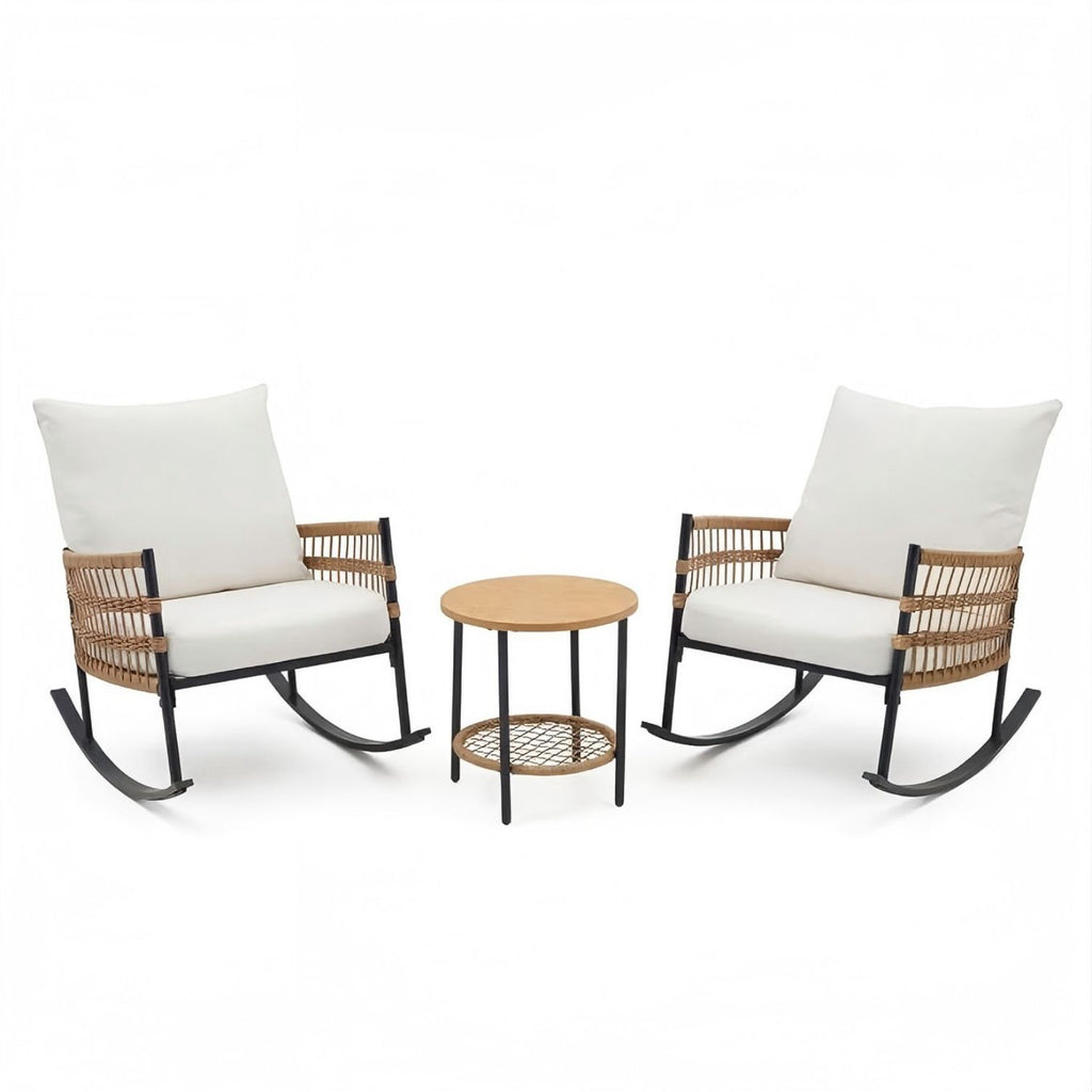 3 Piece Rocking Wicker Patio Conversation Set with Coffee Table with Sturdy Steel Frame Weather-Resistant, Foldable Design
