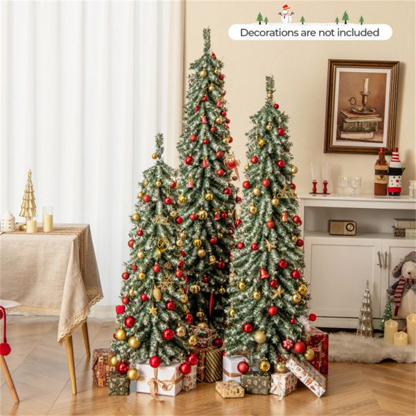 3-Piece Slim Pencil Christmas Tree Set (4ft/5ft/6ft) - 216+302+505 Branch Tips, Simulated Snow Cotton for Wintry Charm