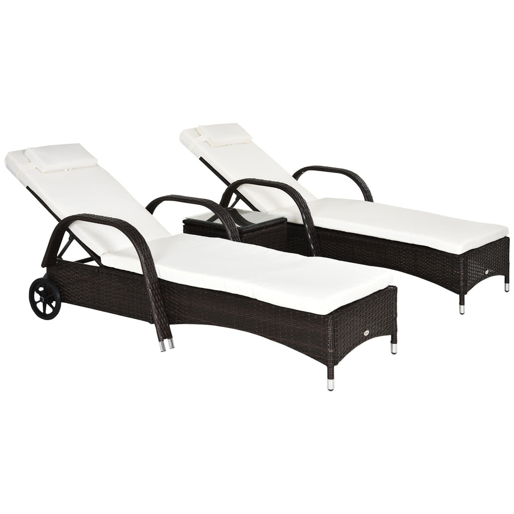 3-Piece Wicker Lounge Chair Set, Outdoor Loungers with Armrests, Cushion & Headrest, Side Table & Wheels, Brown