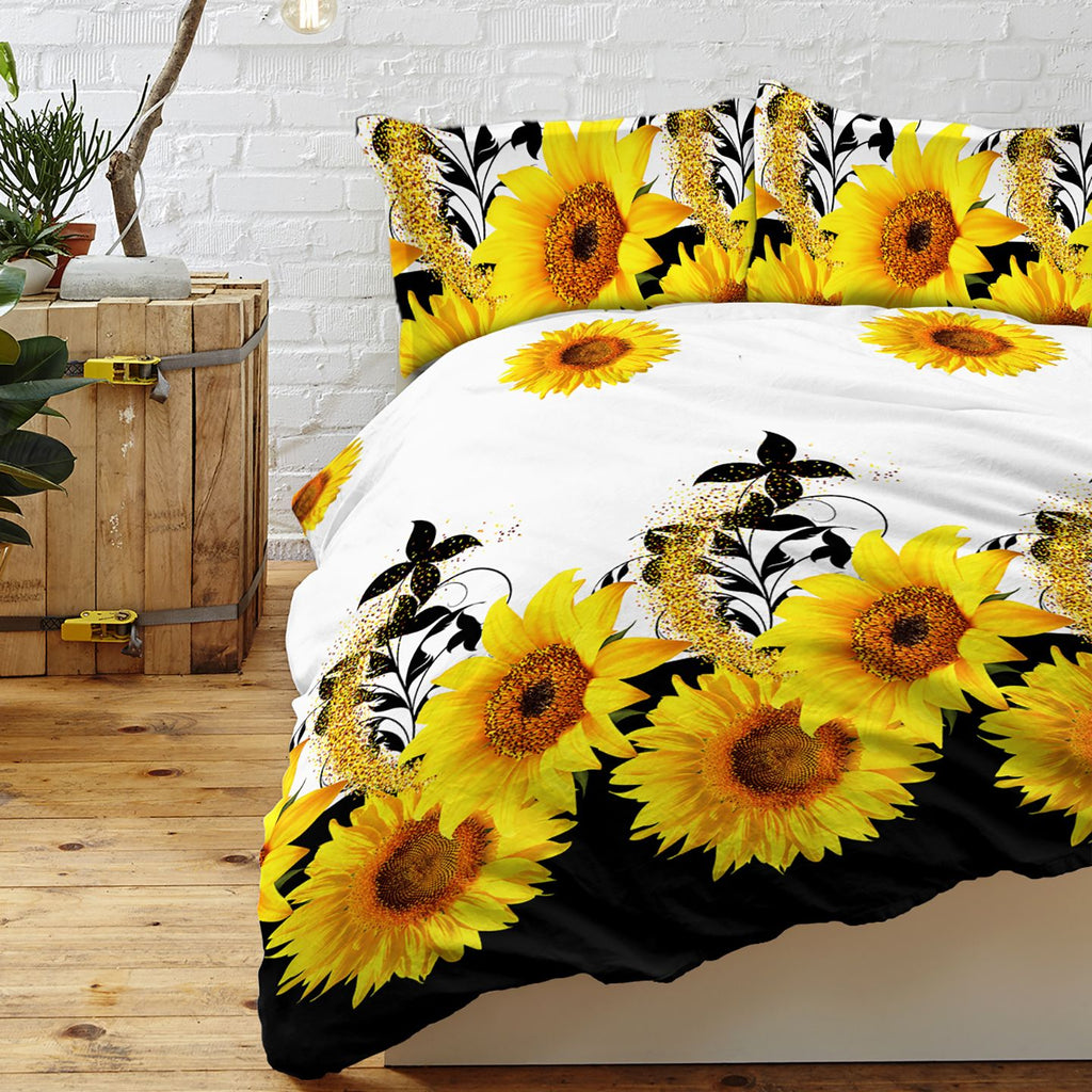 3 Pieces Black And White Background Sunflower Duvet Cover Set Yellow Flower Polyester Bedding Set For Adults Bedroom Decor Twin Size(temu can only be self-picked up)