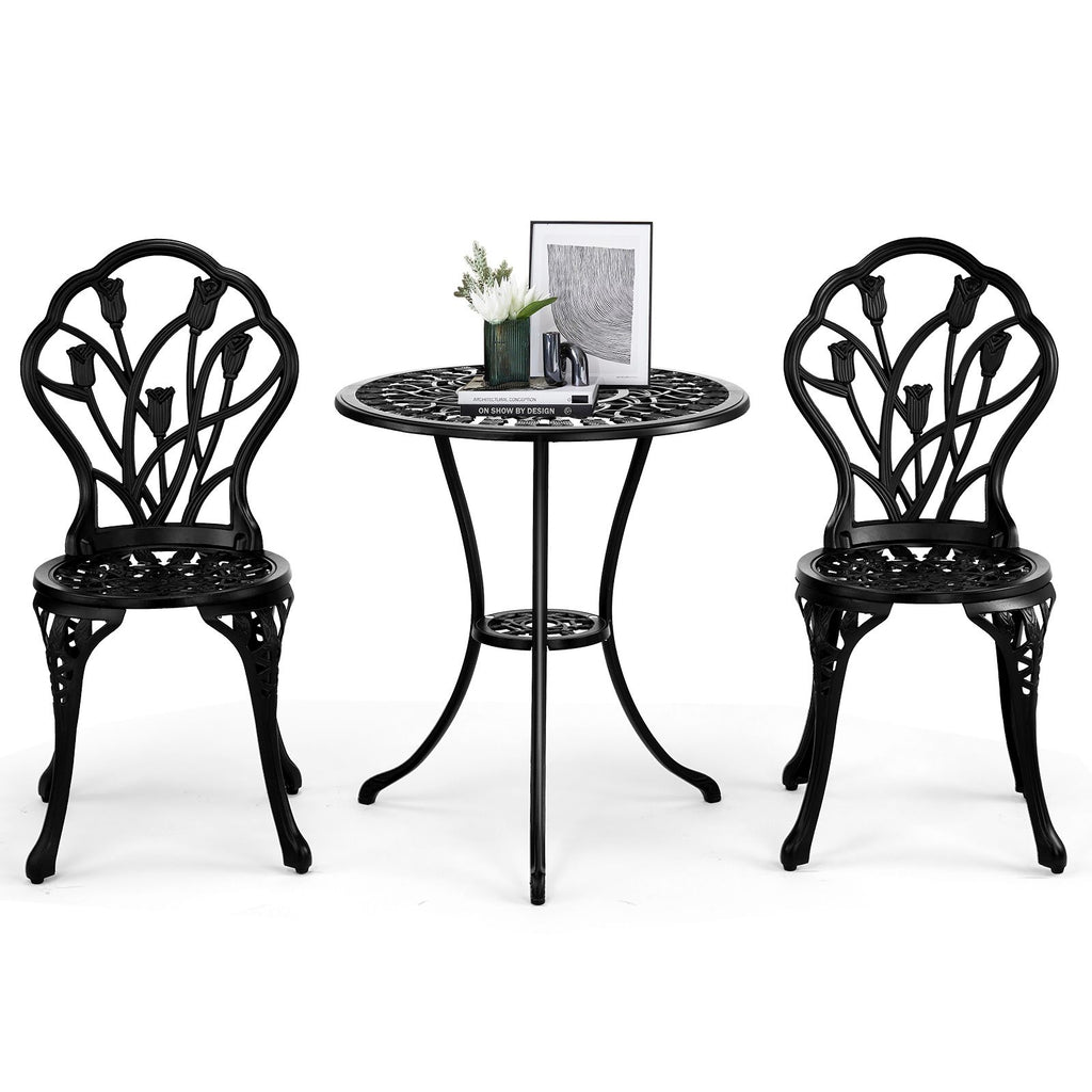 3 Pieces Patio Bistro Set, Rust-Resistant Cast Aluminum Outdoor Bistro Table and Chairs Set of 2, with Tulip Design and Umbrella Hole for Backyard, Garden, Balcony (Black)