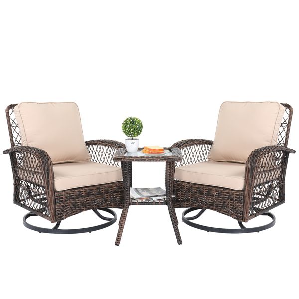 3 Pieces Patio Furniture Set, Outdoor Swivel Gliders Rocker, Wicker Patio Bistro Set with Rattan Rocking Chair, Glass Top Side Table and Thickened Cushions for Porch Deck Backyard, Brown Gradient Ratt